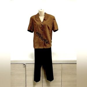 Vintage Miss Dorby Brown Houndstooth Short Sleeve Suit With Black Pants Size 10